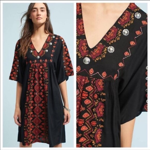 Anthropologie Rala Embellished Medallion Dress Black & Red V-Neck XSP - Picture 1 of 13